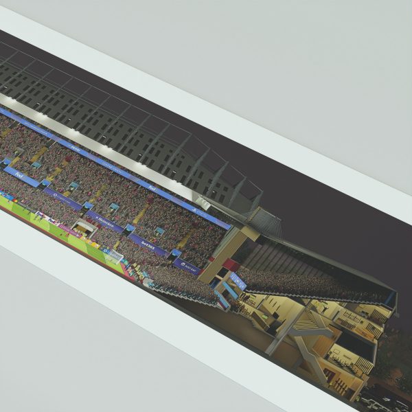 A cross-sectional view of Villa Park on a Champions League night, packed with fans as Aston Villa faces Bayern under bright floodlights.