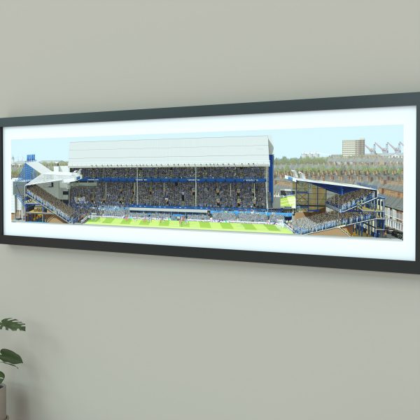 A panoramic illustrated print of Goodison Park on a sunny day