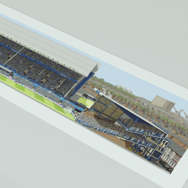 A panoramic illustrated print of Goodison Park on a sunny day