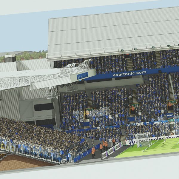 A panoramic illustrated print of Goodison Park on a sunny day