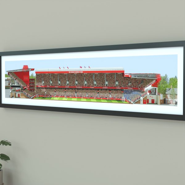 A panoramic cross-sectional illustration of the City Ground during a daytime Premier League match, filled with Nottingham Forest fans cheering.