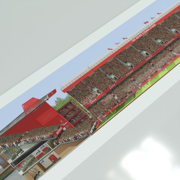 A panoramic cross-sectional illustration of the City Ground during a daytime Premier League match, filled with Nottingham Forest fans cheering.