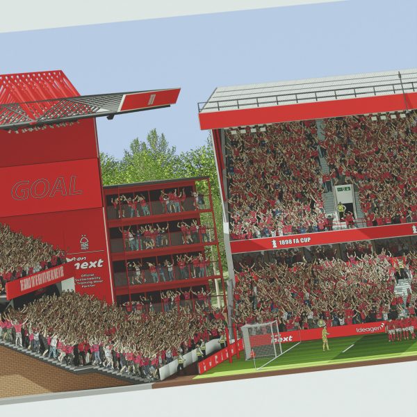 A panoramic cross-sectional illustration of the City Ground during a daytime Premier League match, filled with Nottingham Forest fans cheering.